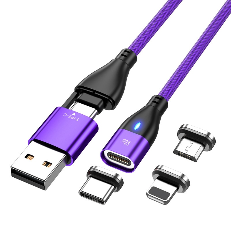 Imagine pentru Cablu de date si incarcare rapida magnetic, 6 in 1, de la Type C sau USB la Type C, Lightning sau Micro-USB, mov