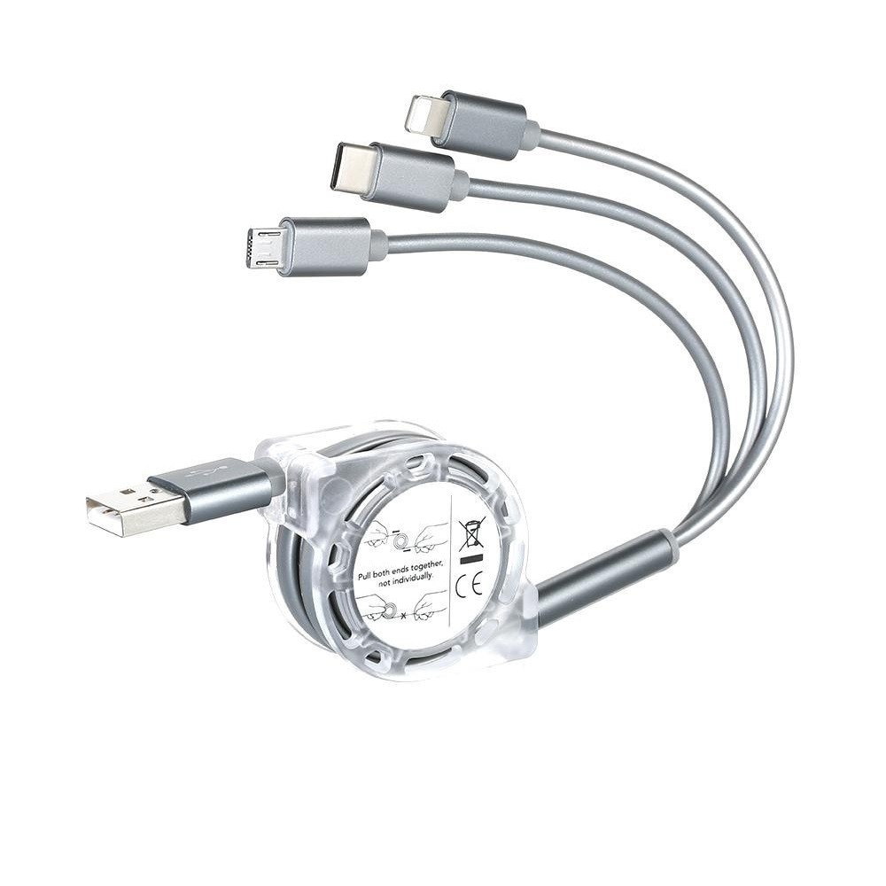 Imagine pentru Cablu de incarcare extensibil 3 in 1, de la USB la Type C, Lightning sau Micro-USB (nu transfera date), 1m, argintiu