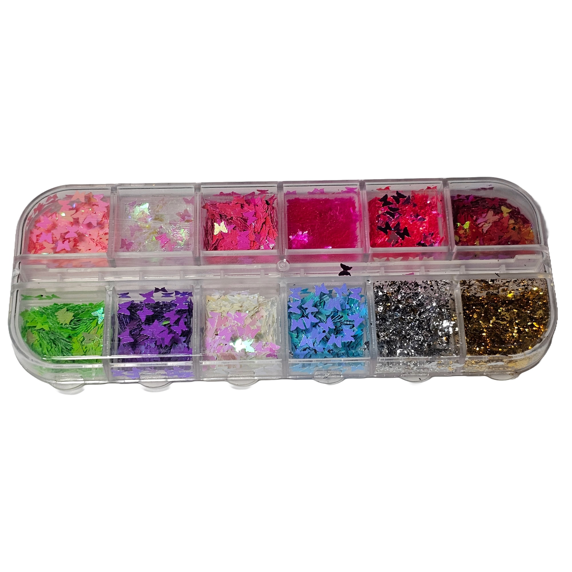 Imagine pentru Cutie mix 12 culori decoratiuni unghii Fluturasi si folii sclipici aurii si argintii