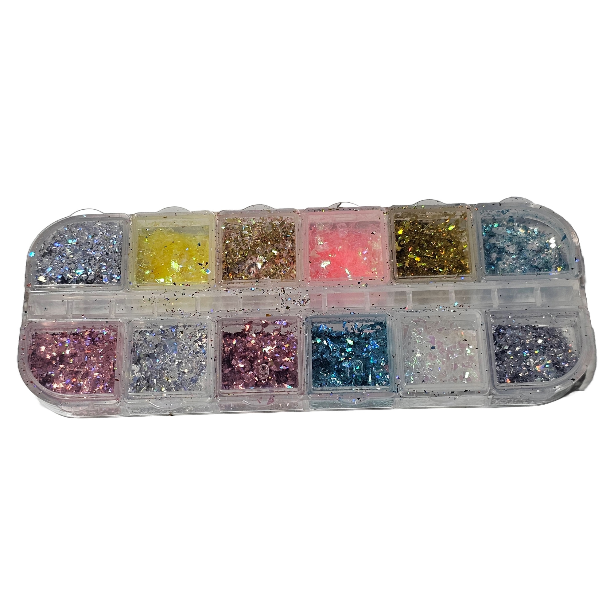 Imagine pentru Cutie mix 12 culori folii paiete cu sclipici de unghii