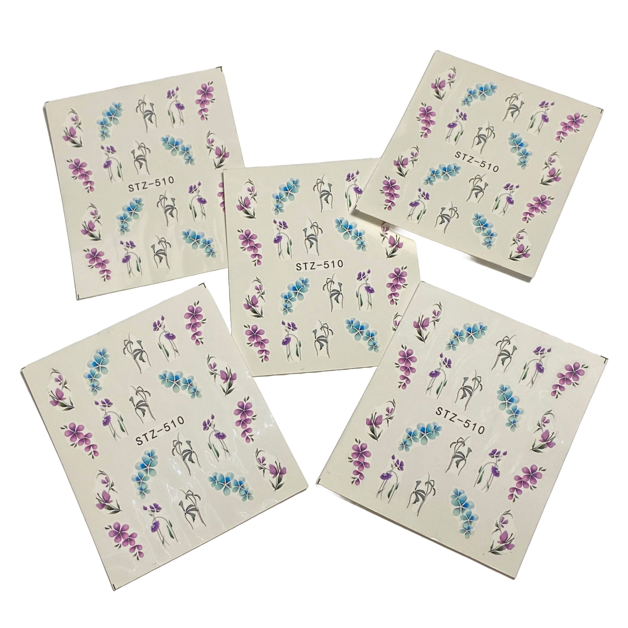 Imagine pentru Set 5 folii stickere pentru decor unghii, STZ-510, model Flori de Apa, Lila, Mov, Albastru