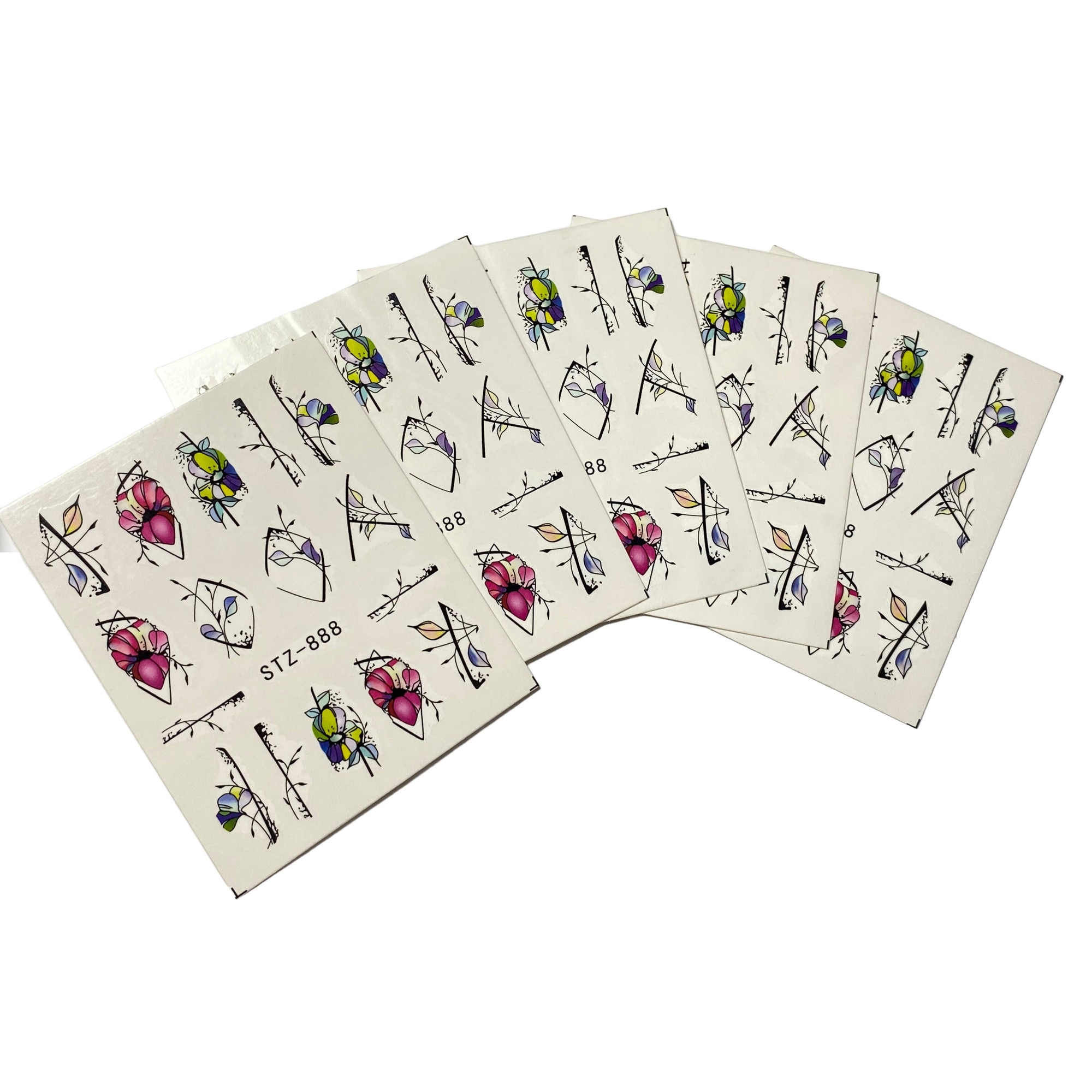 Imagine pentru Set 5 folii stickere pentru decor unghii, STZ-888, model Abstract Art Flowers, Roz, Indigo