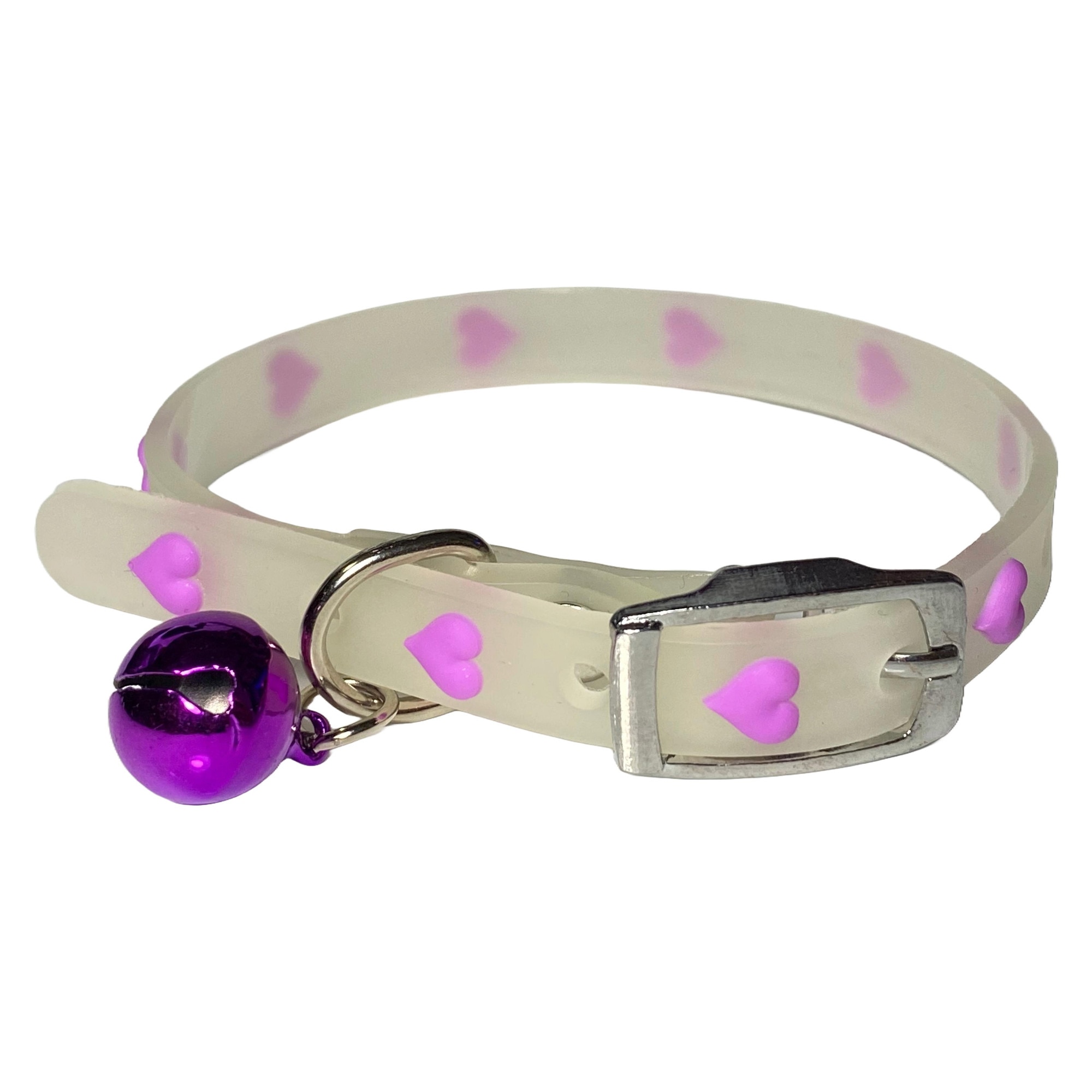 Imagine pentru Zgarda pentru animale de casa, ajustabila, cu clopotel, fosforescenta cu incarcare la soare, din silicon, cu inimioare, mova