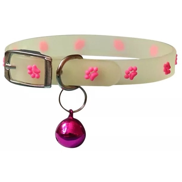 Imagine pentru Zgarda pentru animale de casa, ajustabila, cu clopotel, fosforescenta cu incarcare la soare, din silicon, cu labute, mova